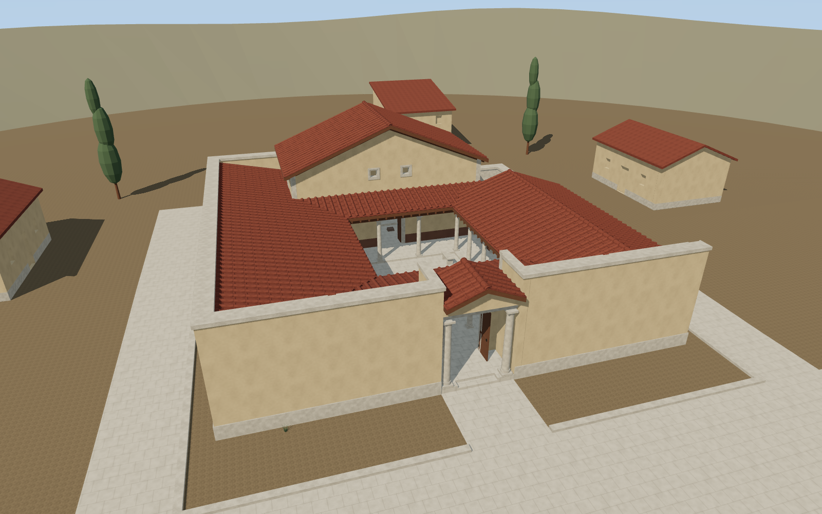 A civic temple with red tiled roofs, stone walls, and a colonnaded central courtyard.