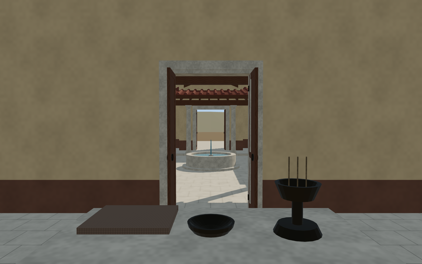 Inside the temple's worship hall, looking through open doors toward the courtyard fountain.