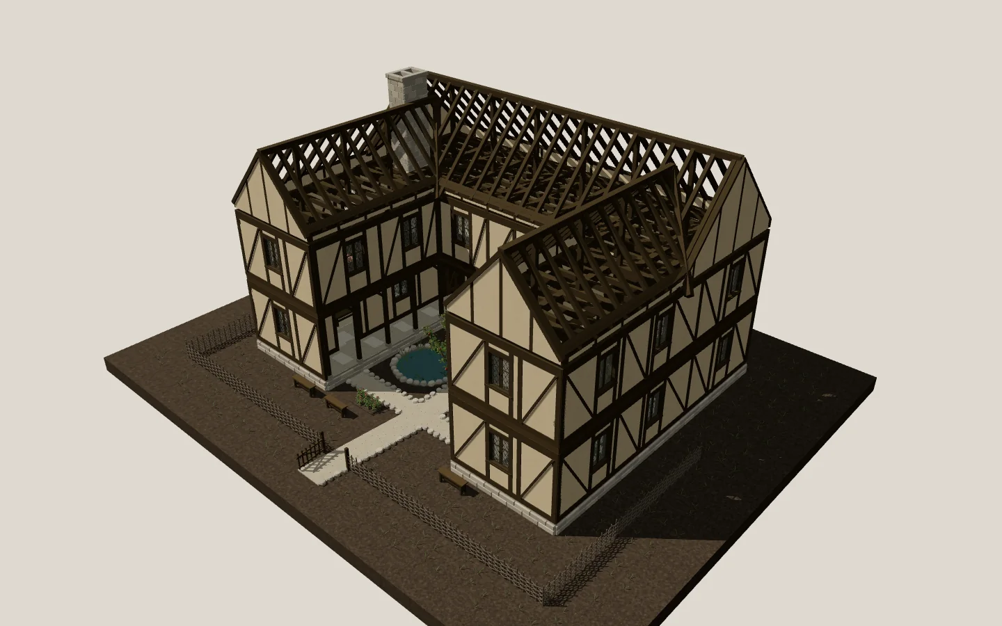 The manor with its roof envelope removed, exposing the rafters and the timber frame.