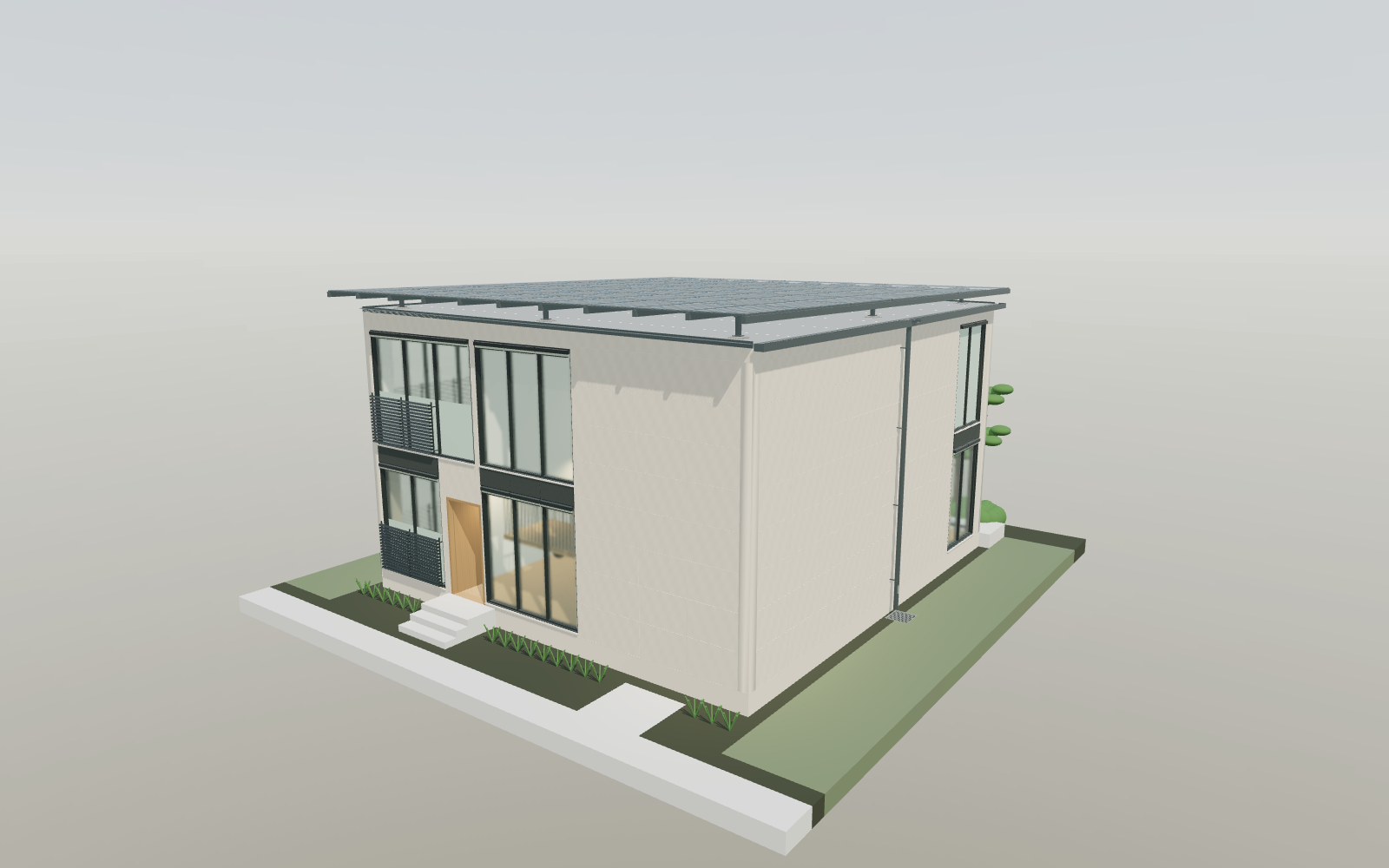 A compact two storey future home with tall glazed windows, planted borders, and a solar panel canopy.