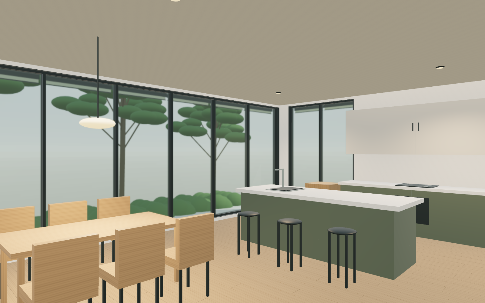 The future home's common room with full height glazing, a dining table, and a kitchen island.