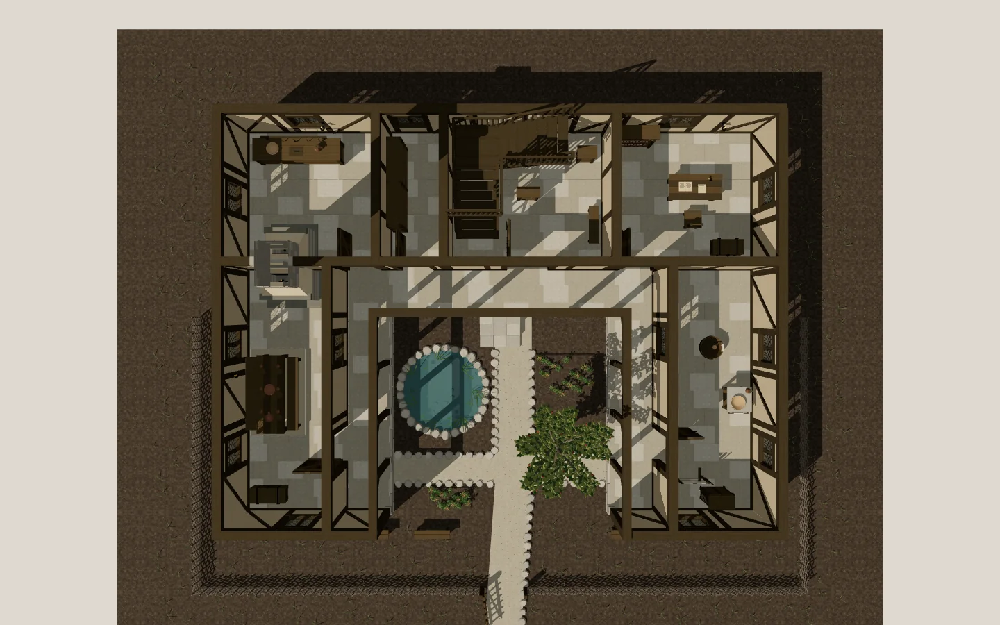 The ground floor cut open from above, showing every room and its furnishings in plan.