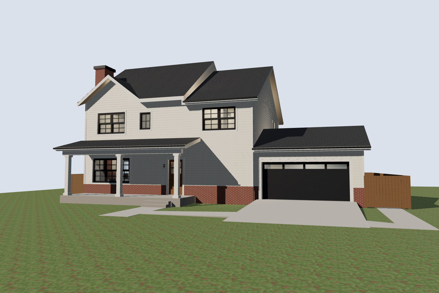A two storey suburban house with white siding, brick foundations, a covered porch, and an attached garage.