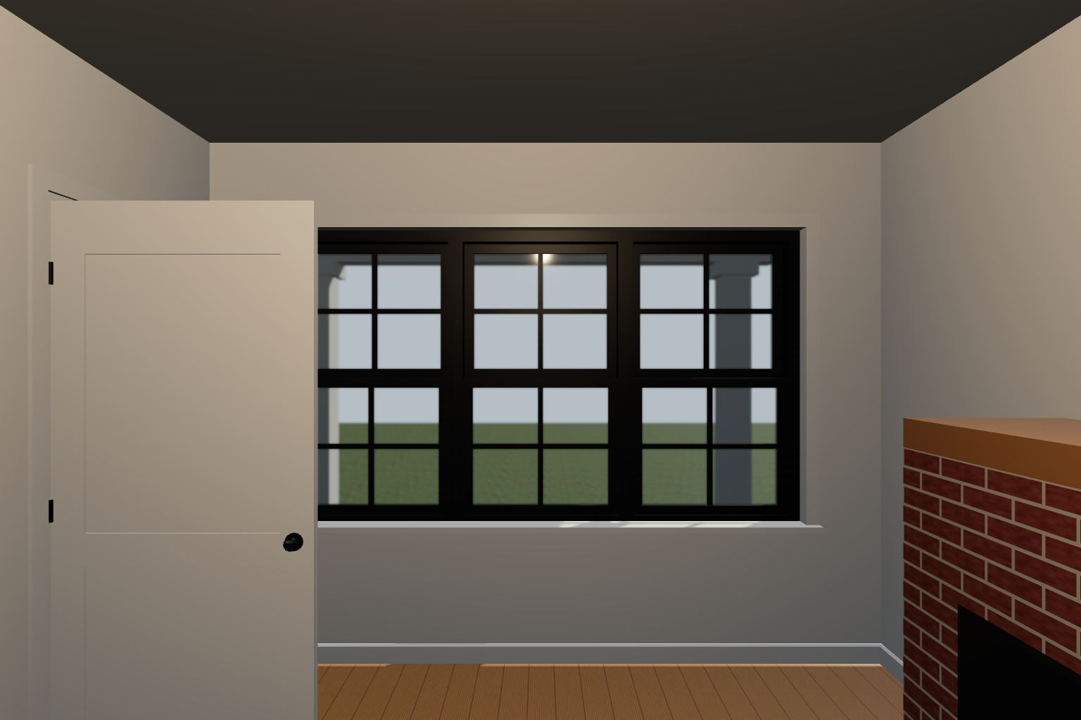 Inside the suburban house, with a framed window, white panelled door, wooden floor, and brick hearth.