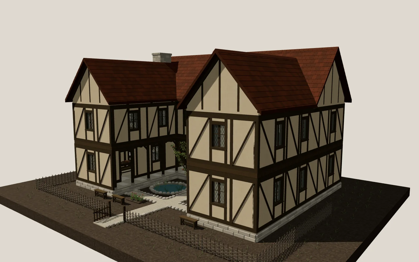 The manor from the south-east: two timber-framed wings under terracotta roofs around a courtyard with a pond.